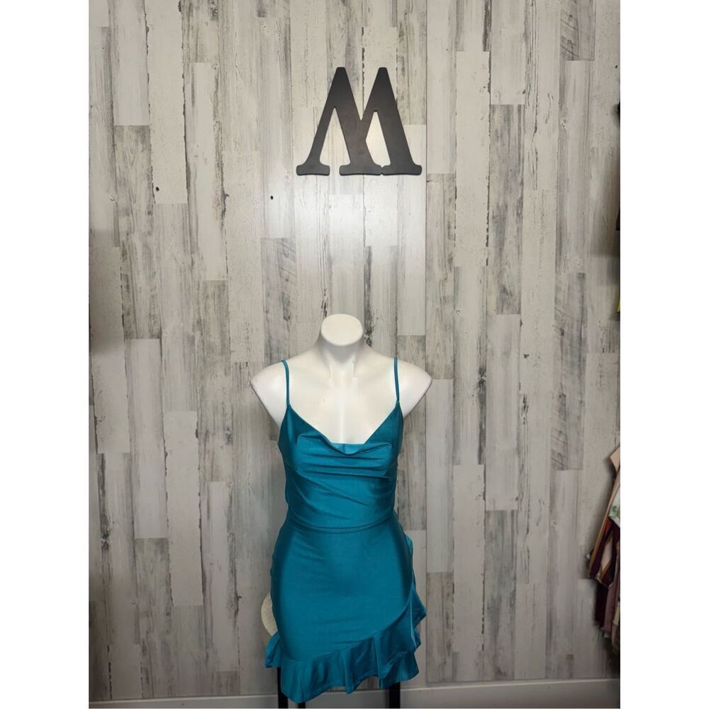 ELHI Studio Teal Satin Bodycon Mini Dress M Crisscross Open Back Ruffle Hem
